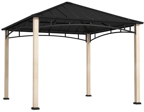 Outsunny 3 x 3(m) Hardtop Gazebo Canopy with Galvanised Metal Roof, Garden Gazebo Permanent Pavilion with Wood Grain Strong Columns and Top Hook for Patio, Deck