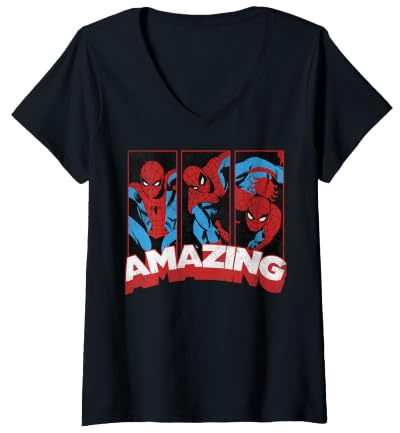 Damen Marvel Spider-Man: Tolle Comic-Posen T-Shirt mit V-Ausschnitt