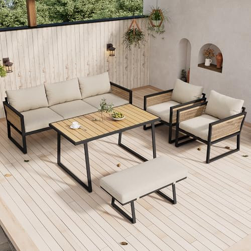 YESGIGA Garten-Essgruppe,Garten Loungesessel Set, 5-TLG. Gartenmöbel Set, 3er Sofa, 2 Sessel, Hocker und Esstisch