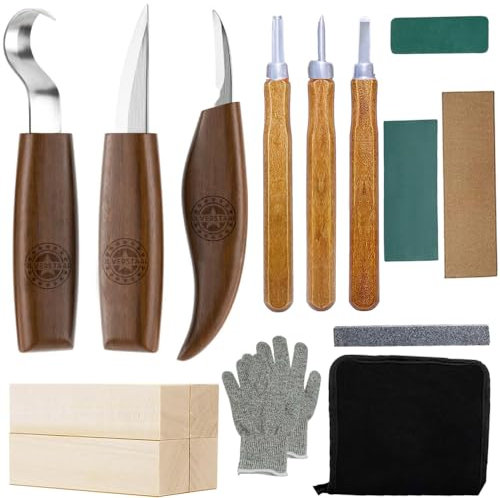 Wood Carving Tool Set 15pcs Complete Wood Whittling Kit Wood Carving Tools Whittling Kit Basswood Carving Blocks Ergonomic Carving Knives Wood Carving Set for Beginners and Professionals