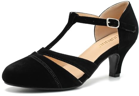 LIURUIJIA Women's T-Strap Mary Jane Pumps, Vintage Low Kitten Heels Dress Shoes for Elegant Party, Wedding, Prom Black Velvet 10.5