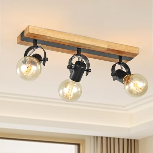 SEEBLEN Retro Wood Ceiling Light Fitting,3-Light Adjustabl Spotlight Bar Lighting,Rustic Farmhouse Ceiling Light Fixtures for Kitchen Bedroom Bathroom Hallway.