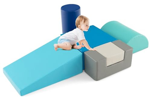 GOPLUS 6 TLG. Schaumstoffbausteine, Softbausteine zum Klettern & Rutschen, Riesenbausteine aus Kunstleder & Schaumstoff, Großbausteine Softbausteine für Baby Kleinkinder (Pfauenblau)