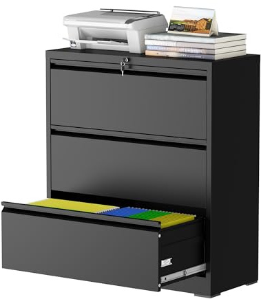 FOSTOKO Classeur latéral à 3 tiroirs avec Serrure, Armoire de Rangement en métal pour Bureau à Domicile, Armoire de Rangement en Acier Robuste pour Lettres/juridiques/A4 (Assemblage nécessaire, Noir)