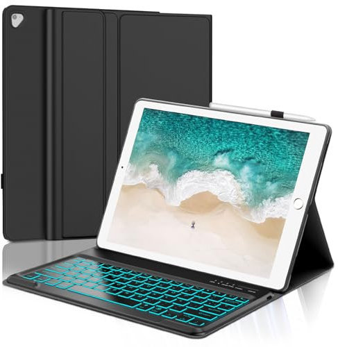 WAVATA Funda con Teclado para iPad Pro 12.9 2017/2015, Teclado Bluetooth Desmontable para iPad Pro 12.9 2/1 Gen, Retroiluminado, Español, Negro