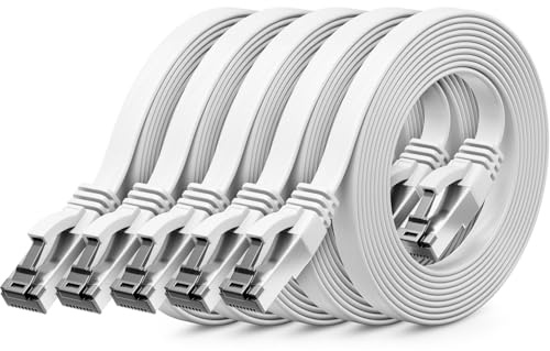 deleyCON 0,25m CAT 8 Flach Netzwerkkabel RJ45 40 Gbit/s, 5 Stück - Weiß | Kurzes 25cm Gigabit Ethernet LAN Cable, Kupfer, dünnes Flachkabel Patchkabel, RJ45 Stecker für CAT8 CAT7 CAT6