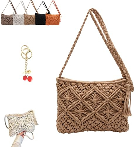 Pochette da donna minimalista con nappa, borsa in corda di cotone intrecciata, borsa da spiaggia in stile bohémien, elegante borsa estiva, cachi, small