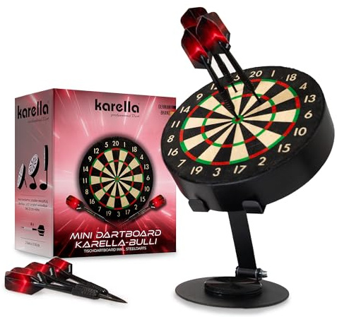 Karella Mini Dartboard Bulli, Miniatur Dartscheibe Ø 15 cm mit verstellbarem Metallständer, Set inkl. 6 Minidarts (Steel), für Zuhause, Schreibtisch, Deko, Geschenk