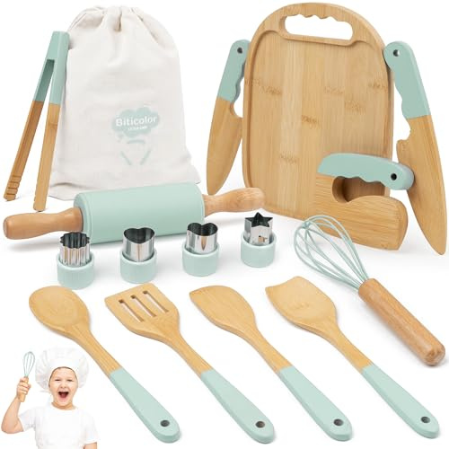 15-teiliges Kindermesser-Set, Montessori-Küchenset ab 3 Jahren, Grün | Mit sicherem Kiddikutter, Holzmesser und Schneidebrett zum Schneiden Lernen.