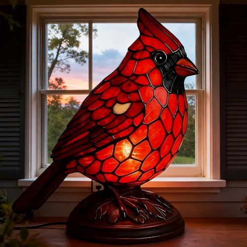 Olygee/Fanyil/Pubyfun/Sheremart Cardinal Lamp, Resin Cardinalis Night Light Christmas Decorations, Handmade Stained Glass Red Bird Lamp, for Bedside Livingroom Bedroom Home Decoration (1 pcs)