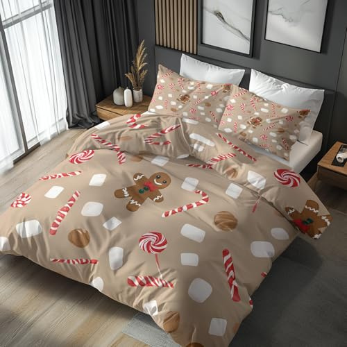 Bettwäsche 200x200 Weihnachten Wende Motiv 3tlg, Schlafzimmer Deko, Frohe Xmas Lebkuchen und Zuckerstangen Bettbezug und 2 Kissenbezüge 80x80, Weiche Mikrofaser Deckenbezug mit Reißverschluss -i799