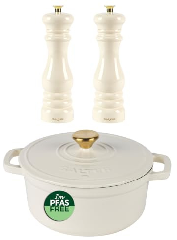 Salter Chester Cream Casserole Pot & Mill Set – 24cm Cast Iron Dutch Oven/Stock Pot with Adjustable Ceramic Salt & Pepper Grinders, Enamel Coated, Induction & Oven Safe, PFAS-Free, High Gloss Acrylic