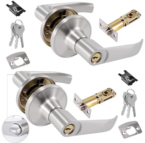 2-Pack Door Lock with Key Set, Aluminium Alloy Entrance Door Handles, Internal Door Handles with 3 Keys & Adjustable Latch, Privacy Knob Locking Device, for Home & Office Doors (Silver, 25-45mm)