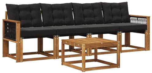 vidaXL Outdoor-Sofagarnitur mit Kissen 5 pcs Natürlich und Schwarz, Garten Sofaset, modernes Wohnmöbel, entspannende Couch für Terrasse und Außenbereich