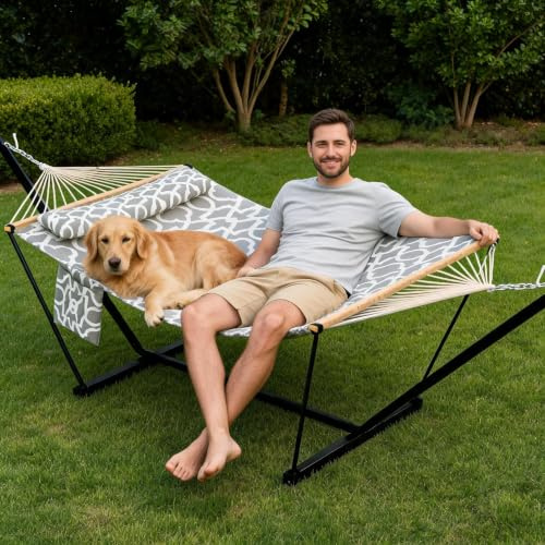Hamac double de 12 pieds avec structure en acier, capacité de charge jusqu’à 200 kg, résistant aux intempéries et respirant, avec coussin et poche latérale, pour 2 personnes, hamac de jardin pour