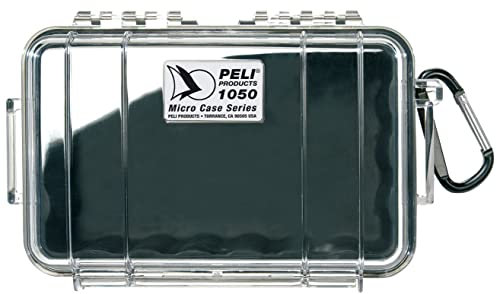 PELI 1050 Micro Case, Kleine Outdoor Schutzbox für Persönliche Gegenstände, IP67 Wasser- und Staubdicht, 1,3L Volumen, Transparent/Schwarze Gummieinlage