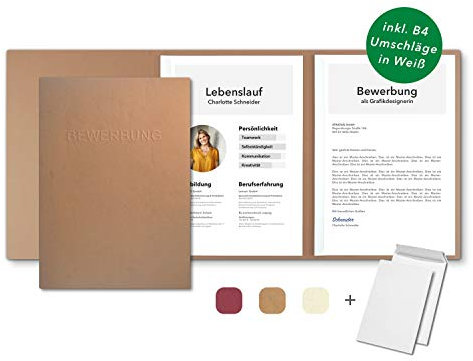 15 Stück 3-teilige Bewerbungsmappen Cognac mit 2 Klemmschienen in feinster Lederstruktur - hochwertige Prägung ''BEWERBUNG'' - inkl. 15 Versandumschläge in Weiß - direkt vom Hersteller STRATAG