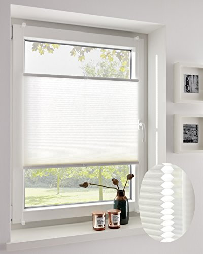 DécoProfi Wabenplissee ohne Bohren Weiss 105cm x 130cm I Verspannte Plissees nach Maß mit Klemmträger/Klemmfix I Blickdichte Innenrahmen-Plissees zum Klemmen