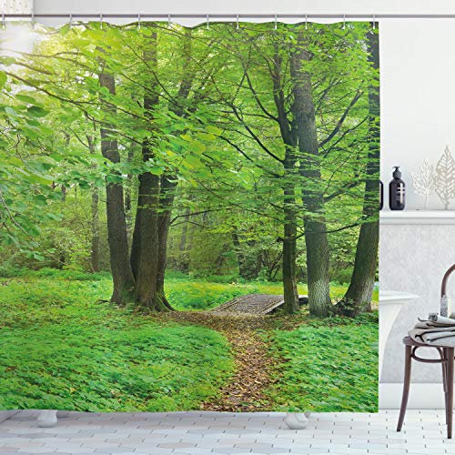 ABAKUHAUS Natur Duschvorhang, Sommer Bäume Ruhige, Stoffliches Gewebe Badezimmerdekorationsset mit Haken, 175 x 240 cm, Grün Braun
