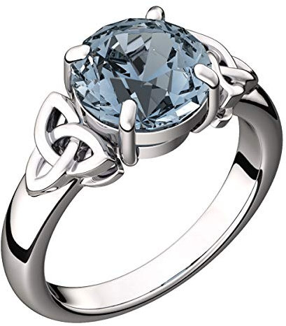 GWG Jewellery Sterlingsilberring mit großem Aquamarin-Meerblauem Stein und keltischen Dreifaltigkeitsknoten an den Seiten – 10 in Geschenkbox für Frauen