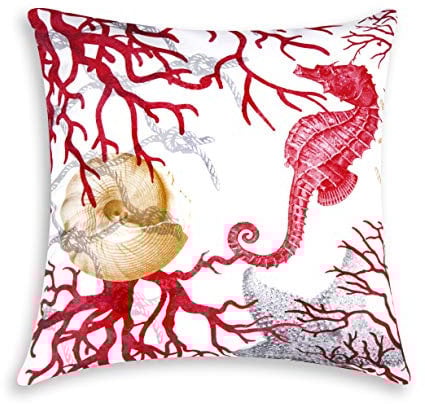 Excelsa Coral Dekoratives Kissen, Füllung inklusive, Bezug aus Baumwolle, Weiß und Rot, 45 x 45 cm