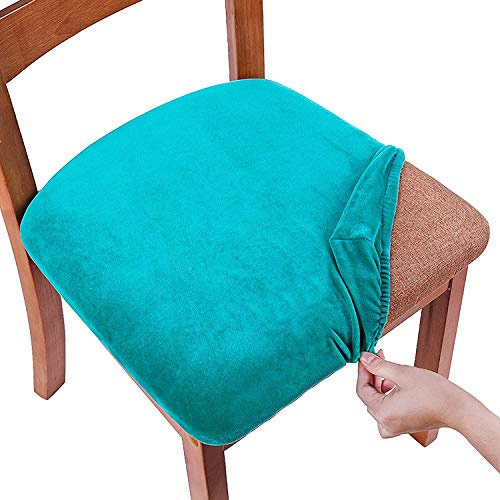 smiry Stretch Chair Seat Covers for Dining Room, Velvet Dining Chair Seat Protectors Chair Slipcovers, Set of 6, Peacock Blue