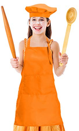 CWFUN Kids-Child's Orange Apron and chef hat Set,Aprons for Kids-Boys Girls Adjustable Aprons-Children Kid's Kitchen Cooking and Baking Wear(4-12 Years Old) (Orange, Large)