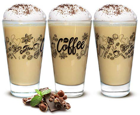 Sendez 6 Latte Macchiato Gläser 310ml Kaffeegläser Teegläser mit schwarzem Kaffee-Aufdruck