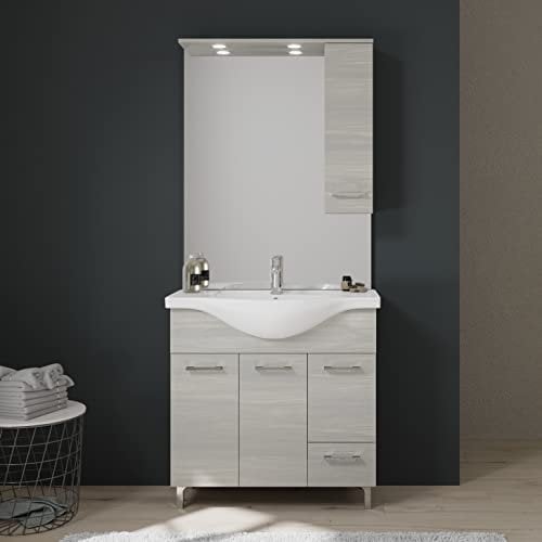 Kiamami Valentina Mobile bagno a terra da 85cm con ante e cassetto quercia grigio a specchio con pensile