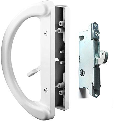 Patio Door Handle Set + Mortise Lock 45° Perfect Replacement for Sliding Glass Door Fits 3-15/16” Screw Hole Spacing, Non-keyed with Mortise Latch Locks,White Diecast,Reversible Design(Non-Handed)