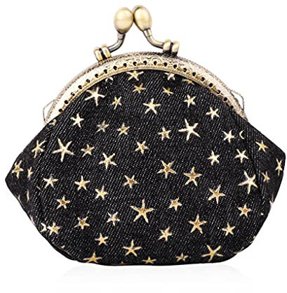 Oyachic Stella Cinque Punte Porte-Monnaie Denim Coin Purse Fermoir Clic Clac Kisslock Wallet Femme Portefeuille Vintage Bourse Porte-Carte de Credit (Noir)