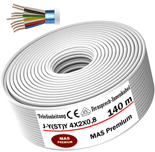 MAS Premium Câble de télécommunication J-Y(ST) Y 4 x 2 x 0,8 de 5 à 250 m - Câble téléphonique - Câble de sonnette - Câble de télécommunication (140 m)