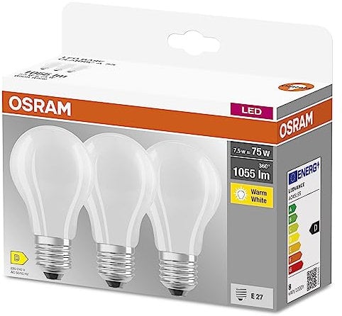 OSRAM LED-Lampe, Sockel: E27, Warm weiß, 2700 K, 7,50 W, Ersatz für 75-W-Glühbirne, matt, LED BASE CLASSIC A, 3er-Pack