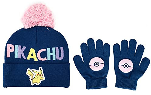 Pokemon Pikachu Kinder Navy Knit Cuff Pom Beanie und Handschuh Set