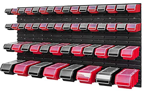 PAFEN Stapelbox Wandregal - 1544 x 780 mm - Lagersystem 52 Stück Boxen mit Deckel - Lagerregal Sichtlagerkästen Schüttenregal, Rot/Schwarz