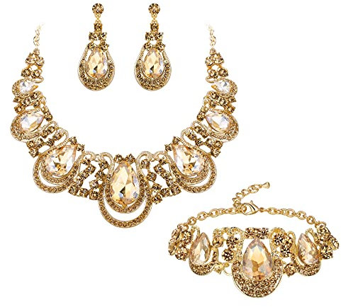 Clearine Teardrop Statement Schmuckset Kristall Halskette und Cluster Hohle Ohrringe Armband Set für Hochzeit Braut Brautjungfer Champagnerfarbener Gold-Ton