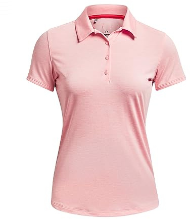 Under Armour Women's Zinger Short Sleeve Polo Shirt, (673) Pink Fizz / Venom Red / Metallic Silver, S