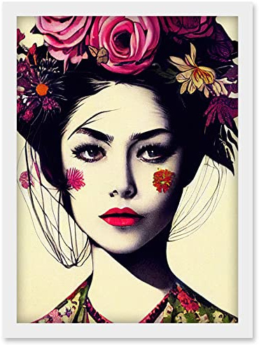 Doppelganger33 LTD Boho Woman With Flowers Headdress Modern Artwork Framed Wall Art Print A4