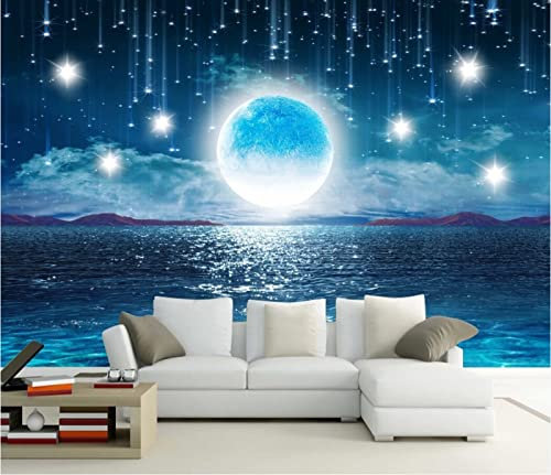 Papier Peint Panoramique Ciel Étoilé Bleu Lune Papier Peint 3D Personnalisés Intissé Décoration Murale 150x105cm