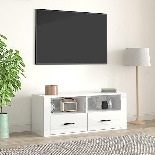Higsose Meuble TV Salon Blanc Brillant 100x35x40 cm Bois d'ingénierie Design Tendance Armoire Multimédia Grand Espace de Rangement Garder Magazines Livres Autres Articles Meuble de DVD