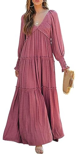 R.Vivimos Robe Maxi élégante décontractée bohème col en V Plage pour Femmes Robe Flottante à Manches Longues avec Volants superposés(XL,Rose Foncé)
