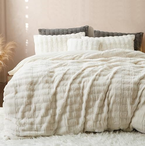 Sedefen Plüsch Bettwäsche 200x220cm Creme Flauschig Langhaar Kunstfell Winterbettwäsche 3 Teilig Warm Plüsch Flanell Fleece Cashmere Touch Wende Bettbezug mit Reißverschluss und 2 Kissenbezug 80x80cm