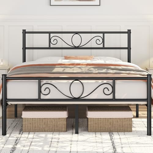 costoffs King Size Metal Bed Frame Iron Platform Bed Mattress Foundation with Scroll Design Headboard and Footboard Solid Metal Slat Bed Ample Storage for Bedrooms, Black