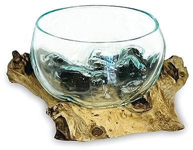 MAISONICA 12cm Molten Glass Round Bowl Rustic Teak Root Wood Base Stand Decor Ornament Gift