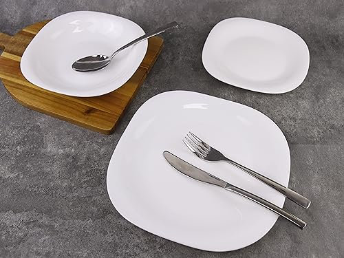 12/24 Pc Dinner Set Bowl Side Dinner Plate 12 or 24 Piece Smooth Plain or Wavy Service Set Dessert Cereal Bowl Plates (24 pc - Hudson - Square)