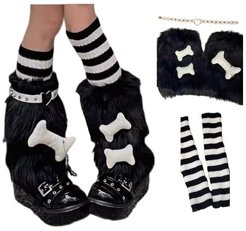 CHERSE Furry Leg Warmers for Women 3in1 Kawaii Star Bone Plush Y2K Leg Socks Pink Lolita Faux Fur 80s Harajuku Punk Gothic, Black Bone Stripe 3in1, Standard