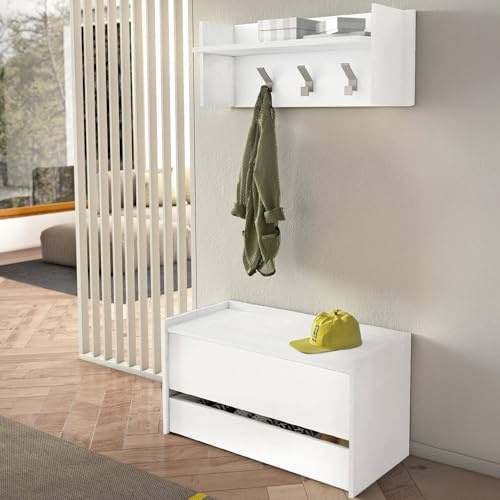 Dmora - Eingangsmöbel Brionia, Moderner Eingang mit Kleiderbügel, Schrank mit Schuhregal, Multifunktionsschrank, 50x32h182 cm, Weiß,