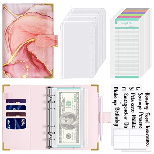 Hnogri Budget Binder with Cash Envelopes, Money Saving Binder, Pink Marble | Zipper Cash Envelopes for Budgeting, PU Leather Budget Planner Money Organizer for Cash Bills, Floral Budget Wallet for Women