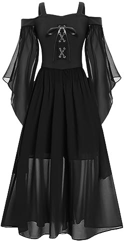 Rswnyirn Girls Retro Dance Dress Kids Medieval Gothic Lace Up Chiffon Long Dress Carnival Party Gown Robe Black 11-12 Years