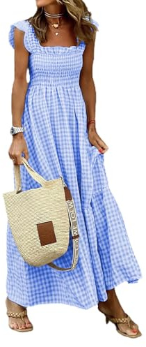 LLBFZ Mehrfarbig Kariertes Maxikleid mit gesmokter Brust, Langes Retro-Kleid mit Volant und Spaghettiträgern, Rückenloses Sommer-Boho-Sonnenkleid (D,S)